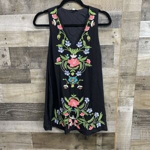 Umgee Small Boho Dress Heavy Floral Embroidered Lined Pockets Black Sleeveless